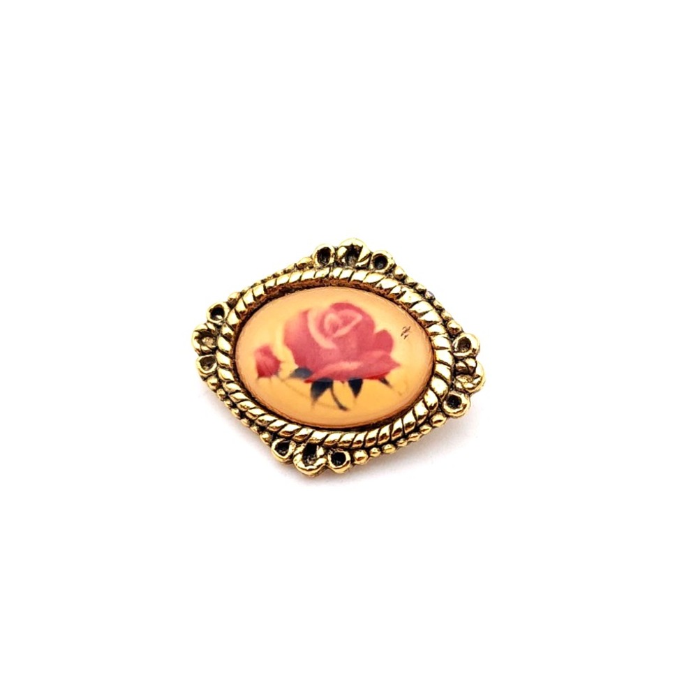 Signed CAMCO Rose Cameo Brooch Gold Tone Red Floral Pin Vintage Style